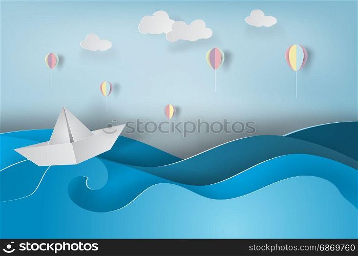 paper art of boat and balloon with origami made colorful sailing boat on the sea.vector