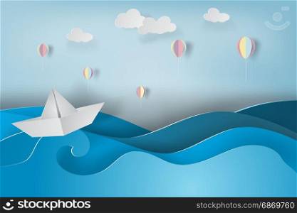 paper art of boat and balloon with origami made colorful sailing boat on the sea.vector
