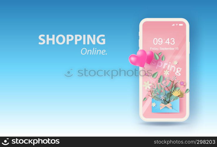 Paper art of bouquet with springtime season text.Paper letters and packages of Bouquet flowers,leaf and balloon heart for mobile shopping online text placed on pink pastel color backgroun.vector