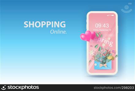 Paper art of bouquet with springtime season text.Paper letters and packages of Bouquet flowers,leaf and balloon heart for mobile shopping online text placed on pink pastel color backgroun.vector