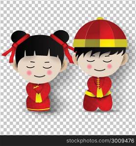 Paper art of boy-girl costume traditional for Happy Chinese New Year and golden coins isolated on white transparent background.vector illustration