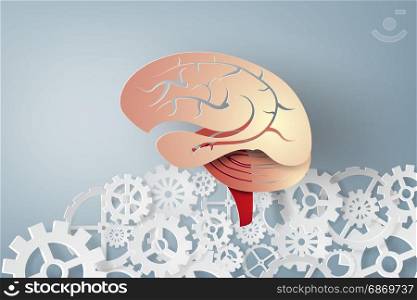 paper art of brain with gear concept idea,vector