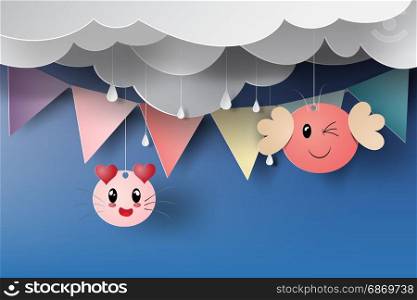 paper art of cat cartoon with pennant flag on rainy season background,cloud,blue,vector