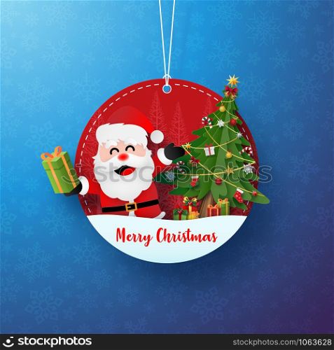 Paper art of Christmas circle tag banner and hanging rope on blue snowflake background, Merry Christmas and Happy New Year