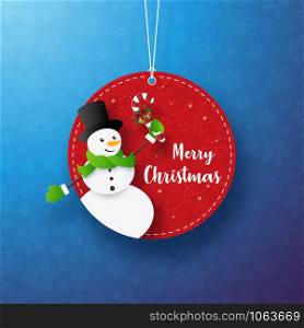 Paper art of Christmas snowman circle tag banner and hanging rope on blue snowflake background, Merry Christmas and Happy New Year