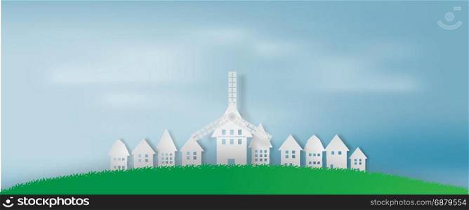 Paper art of cityscape and lanscape with blue sky background,mountain,white,vector,illustration