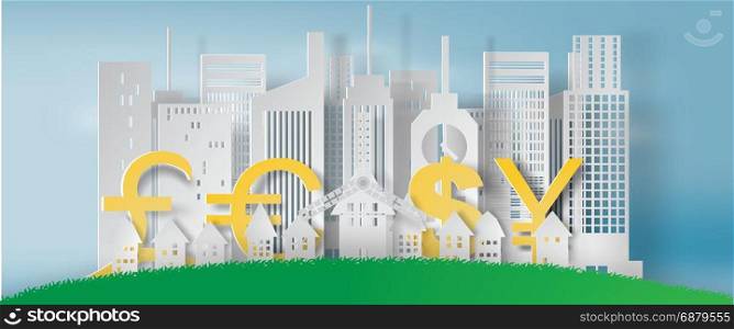 Paper art of cityscape and lanscape with business finance concept,white,vector,illustration
