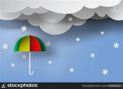 paper art of colorful umbrella with winter season,snow,blue sky,vector