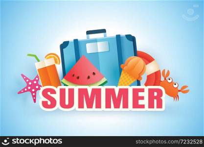 Paper art of decoration origami travel equipment with summer text background.