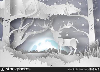 Paper art of deer in the forest lanscape snow with full moon,vector