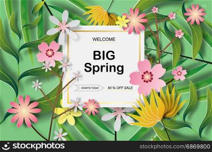 Paper art of Frame Tropical seamless pattern with leaves and flowers,Spring sale background banners vector design