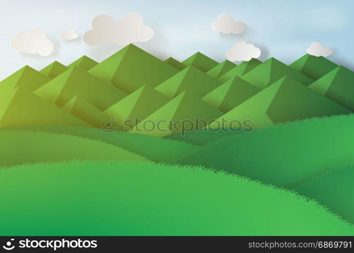 Paper art of green grass and mountains on a cloudy sky. Summer landscape. Natural vector illustration.