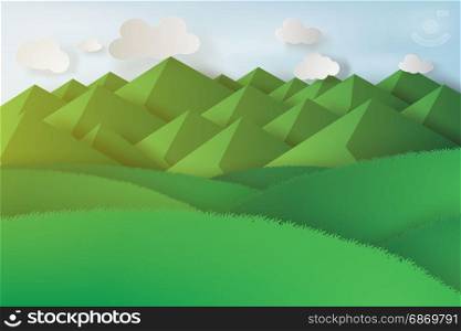 Paper art of green grass and mountains on a cloudy sky. Summer landscape. Natural vector illustration.