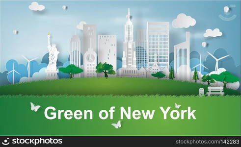 paper art of green landmarks of New York City, America,vector