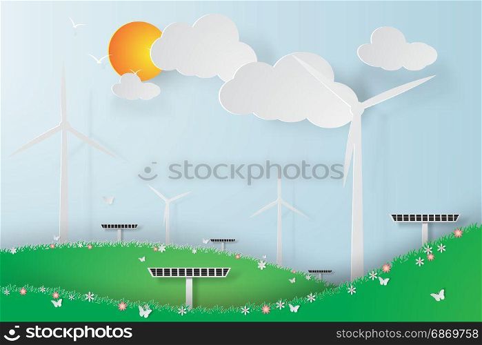 Paper art of Green Wind Turbine Solar Energy Panel World Environment Day,Vector Illustration