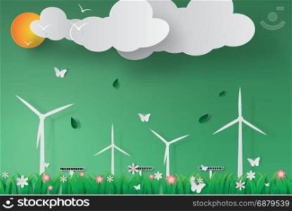 Paper art of Green Wind Turbine Solar Energy Panel World Environment Day,vector,illustration