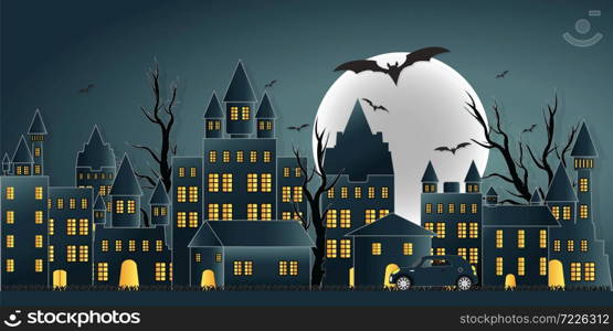 Paper art of happy halloween day ghost party with castle on moon in the sky over the abandoned village background, flat design vector illustration.