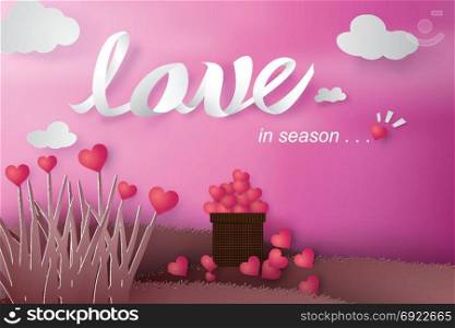 Paper art of Happy Valentine day with tree heart concept,grass,vector.illustration