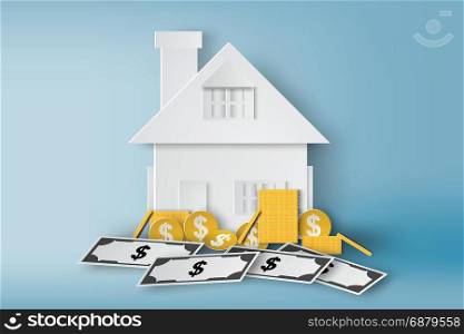 Paper art of home with pile of money and real estate symbol,bill growth banner,vector