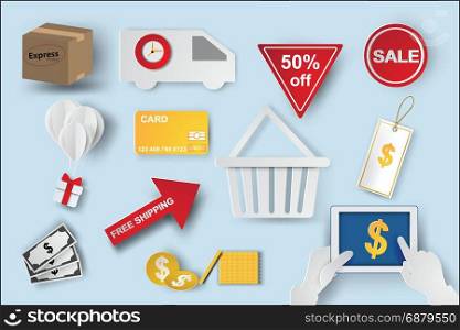 Paper art of icons of e-commerce symbols, internet shopping elements and objects in isolate blue color background