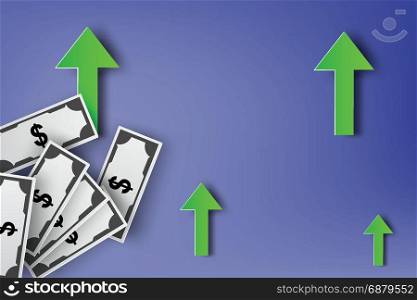 Paper art of Increasing dollar sign currency abstract vector arrows background