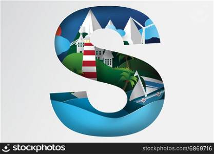 paper art of Island sea view,mountain,cityscape,character S,vector