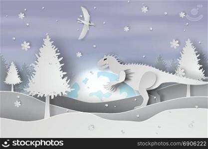 Paper art of Lanscape snow with Dinosaur,vector