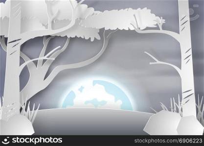 Paper art of lanscape snow with fullmoon,vector