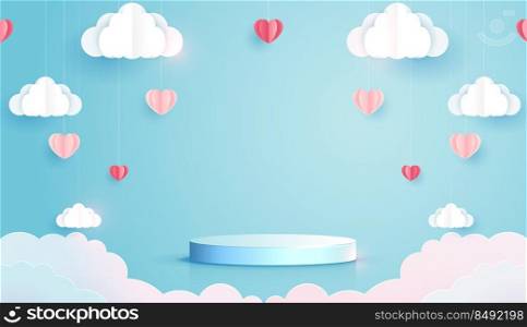 Paper art of love and valentine day with paper heart and cloud float on the blue sky. podium display for product presentation branding and packaging. studio stage. vector design.