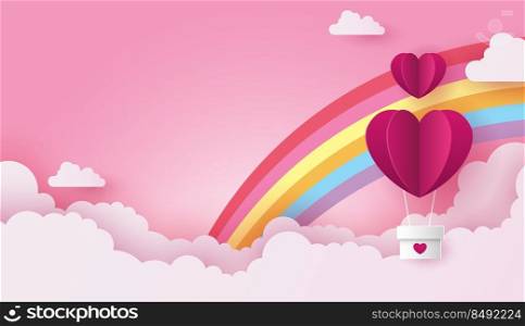Paper art of love and valentine day with paper heart balloon and gift box float on the blue sky. can be used for Wallpaper, invitation, posters, banners. Vector design.
