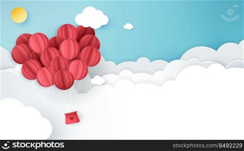 Paper art of love and valentine day with paper heart balloon and gift box float on the blue sky. can be used for Wallpaper, invitation, posters, banners. Vector design.