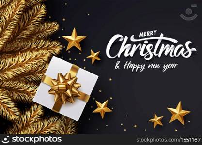 Paper art of Merry Christmas and happy new year calligraphy hand write with golden Christmas tree, golden star and white gift box on black.