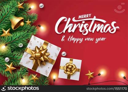 Paper art of Merry Christmas and happy new year calligraphy hand write with Christmas tree, golden star and white gift box on red.