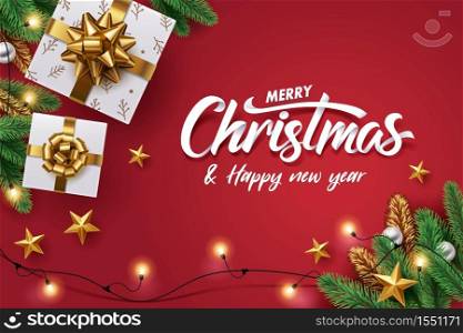 Paper art of Merry Christmas and happy new year calligraphy hand write with Christmas tree, golden star and white gift box on red.