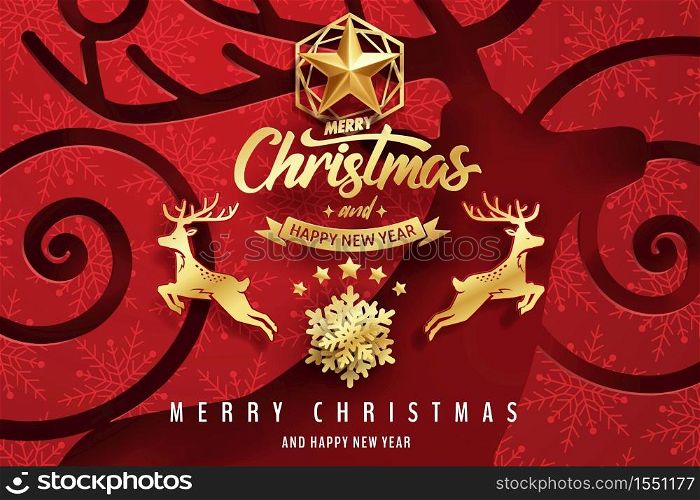 Paper art of Merry Christmas and happy new year calligraphy hand write with golden star and snow flakes.
