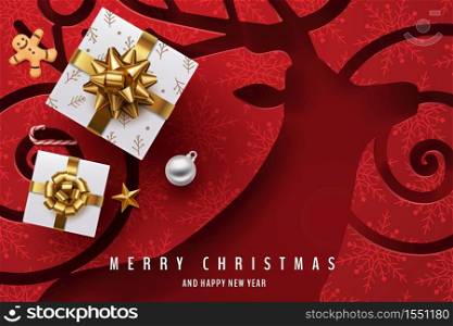 Paper art of Merry Christmas and happy new year with golden star and white gift box on red.