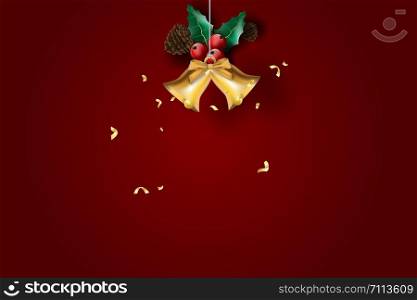Paper art of Merry Christmas and Happy New Year with red tone background.Creative minimal holly leaf and Golden bell for greeting card.Holiday festival party decoration element graphic poster.Vector