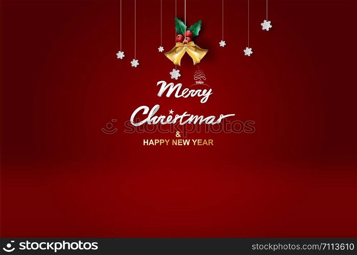 Paper art of Merry Christmas and Happy New Year with red tone background.Creative minimal holly leaf and Golden bell for greeting card.Holiday festival party decoration element graphic poster.Vector