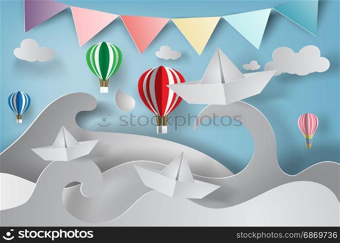 paper art of origami made sailing boat with seascape