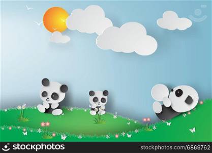 Paper art of pandas Playing in the garden,flower,lanscape,vector