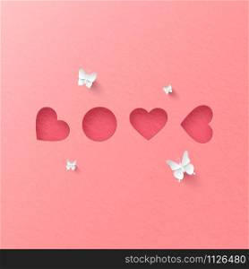 Paper art of Pink postcard with heart shape arranged to word LOVE, banner poster for Valentines day