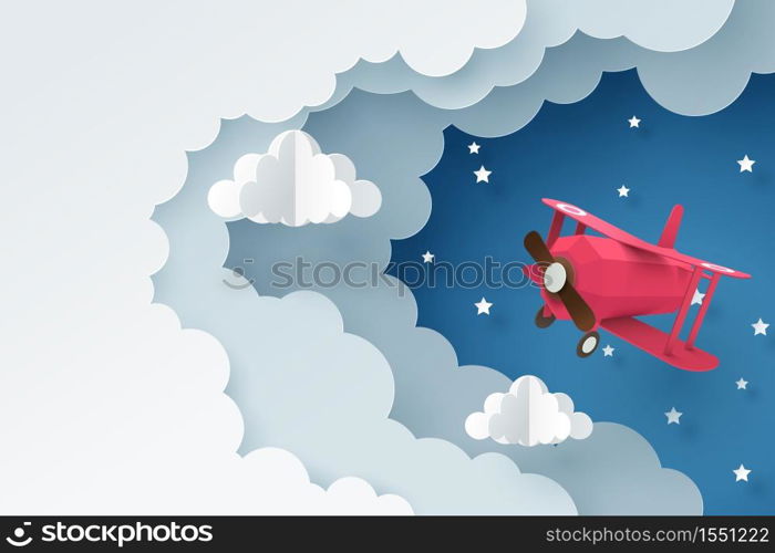 Paper art of plane flying through cloud at night, paper art concept and tourism idea, vector art and illustration.