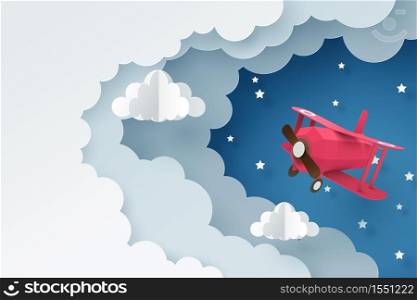 Paper art of plane flying through cloud at night, paper art concept and tourism idea, vector art and illustration.