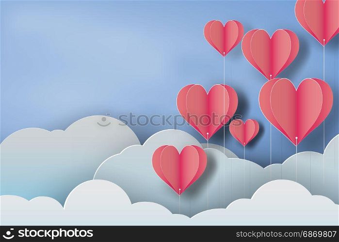 paper art of red balloon heart on blue sky background,vector
