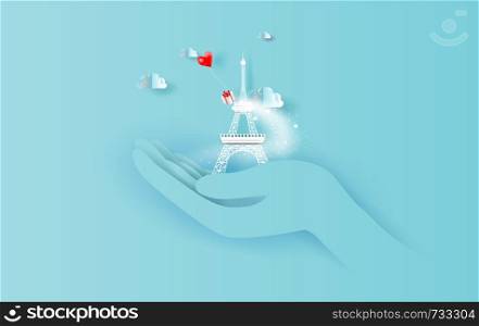 Paper art of red balloons heart gift floating in sky with landscape cloudscape view shadow. Eiffel tower Paris travel holiday in human's hand concept. Blue color pastel.winter season vector.EPS10