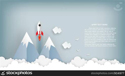 Paper art of rocket illustration flying over cloud. beautiful scenery with white clouds, vector art and illustration.