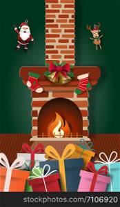Paper art of Santa Claus's gifts with decorated fireplace in home, Merry Christmas and Happy New Year