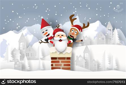 Paper art of Santa Claus, Snowman and Reindeer at the chimney in village with snow mountain background, Merry Christmas and Happy New Year