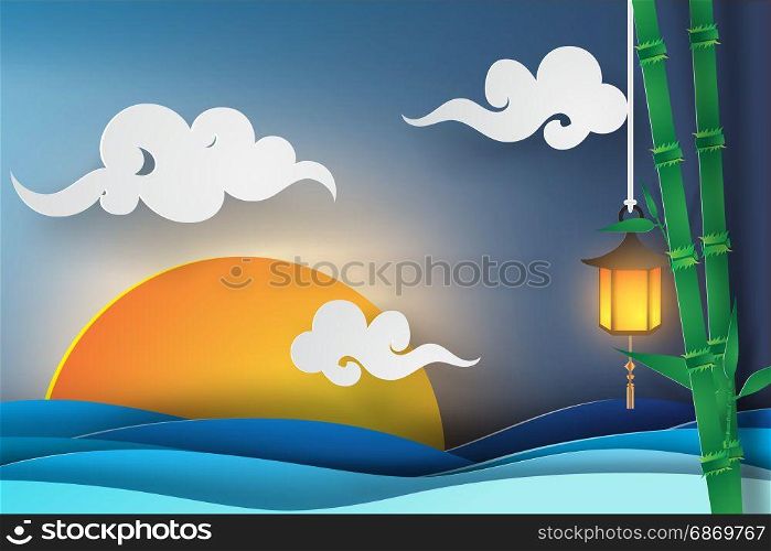 paper art of sea view with sunset light beautiful, japan style,at night