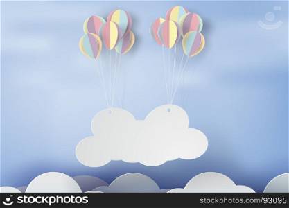 Paper art of signboard cloud on sky with colorful balloon